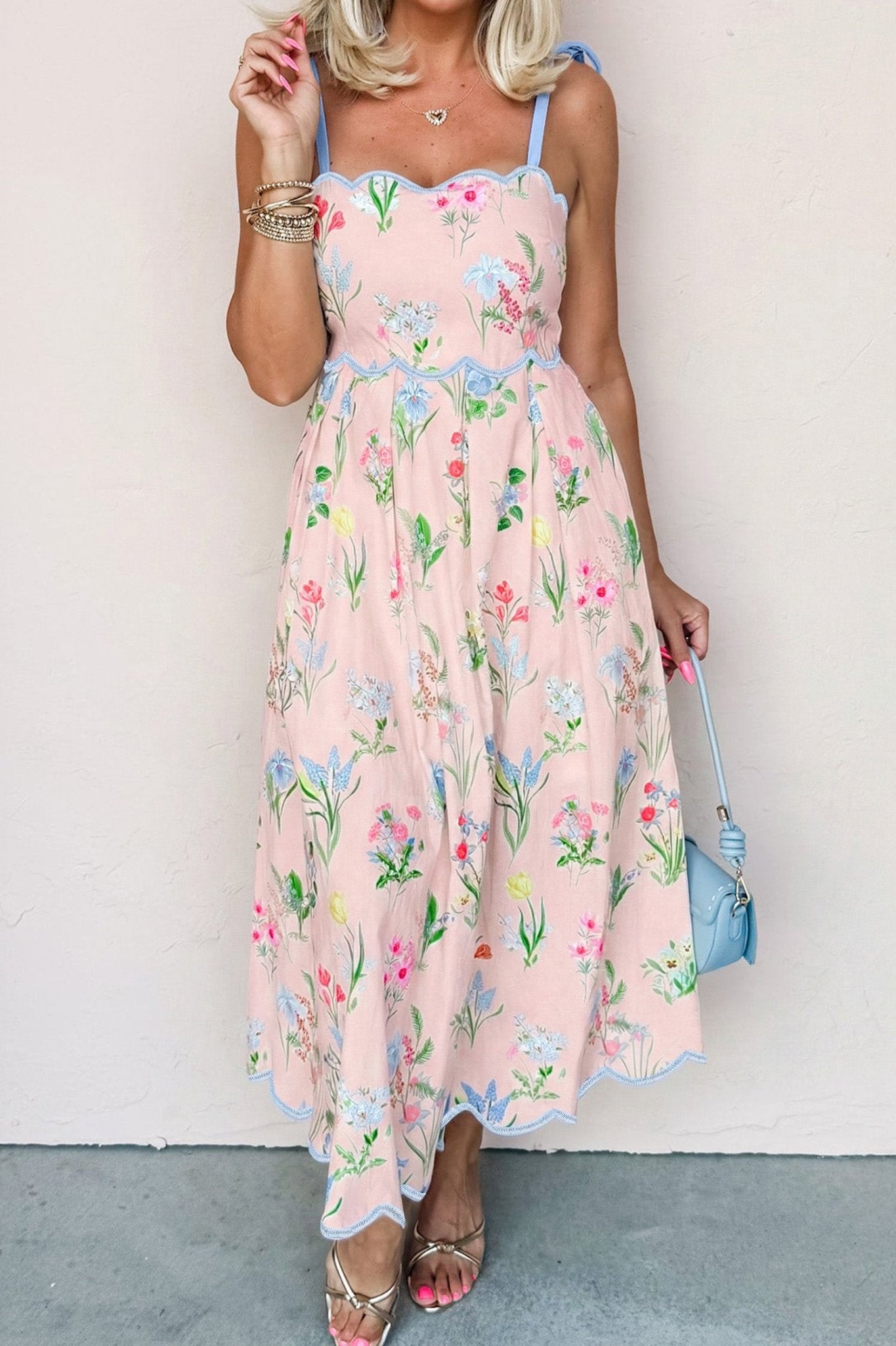 Pink Floral Print Contrast Trim Self - tie Straps High Waist Midi Dress - Loving It Shop