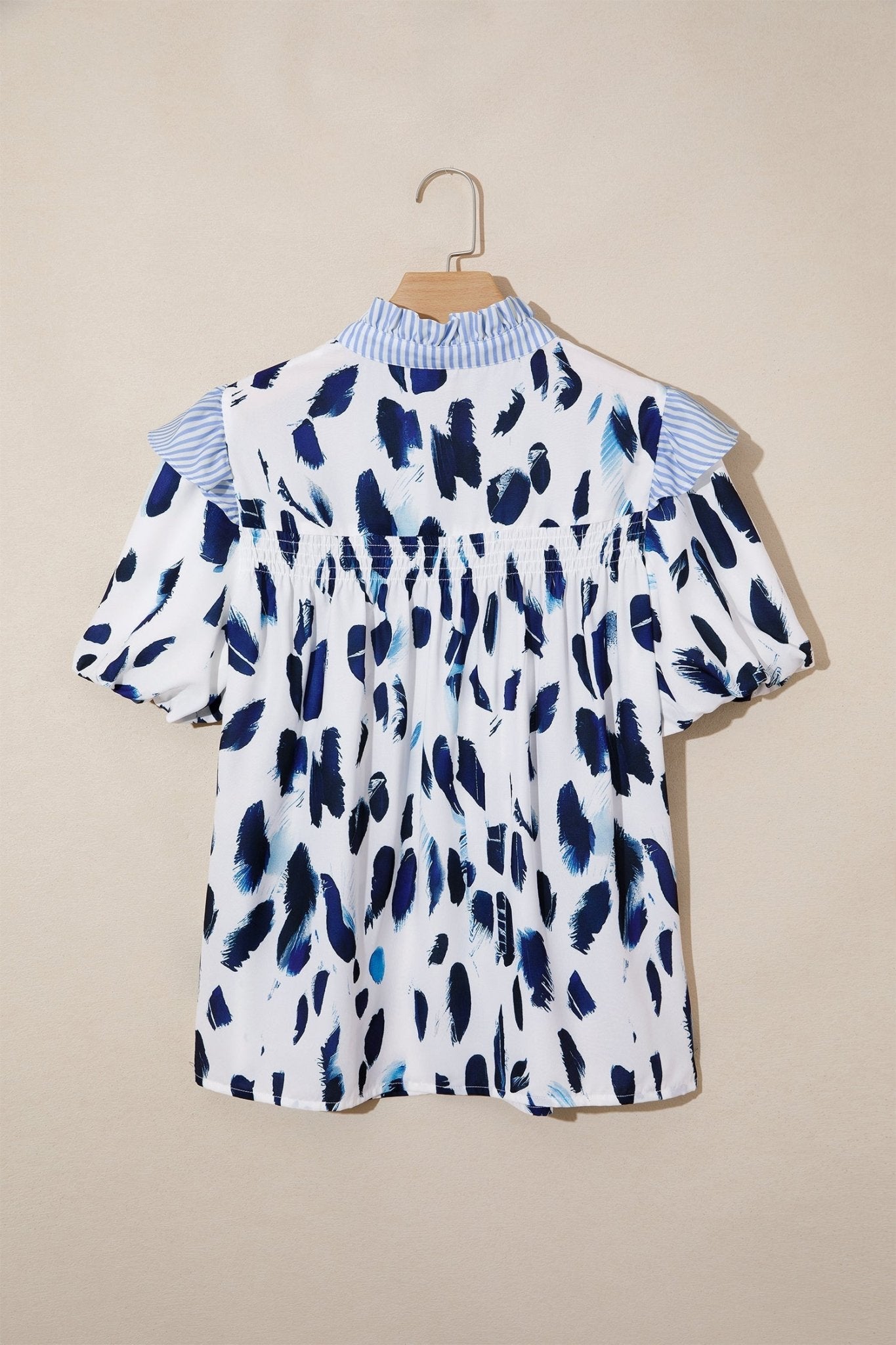 Beige Abstract Animal Print Striped Ruffle Trim V Neck Blouse - Loving It Shop