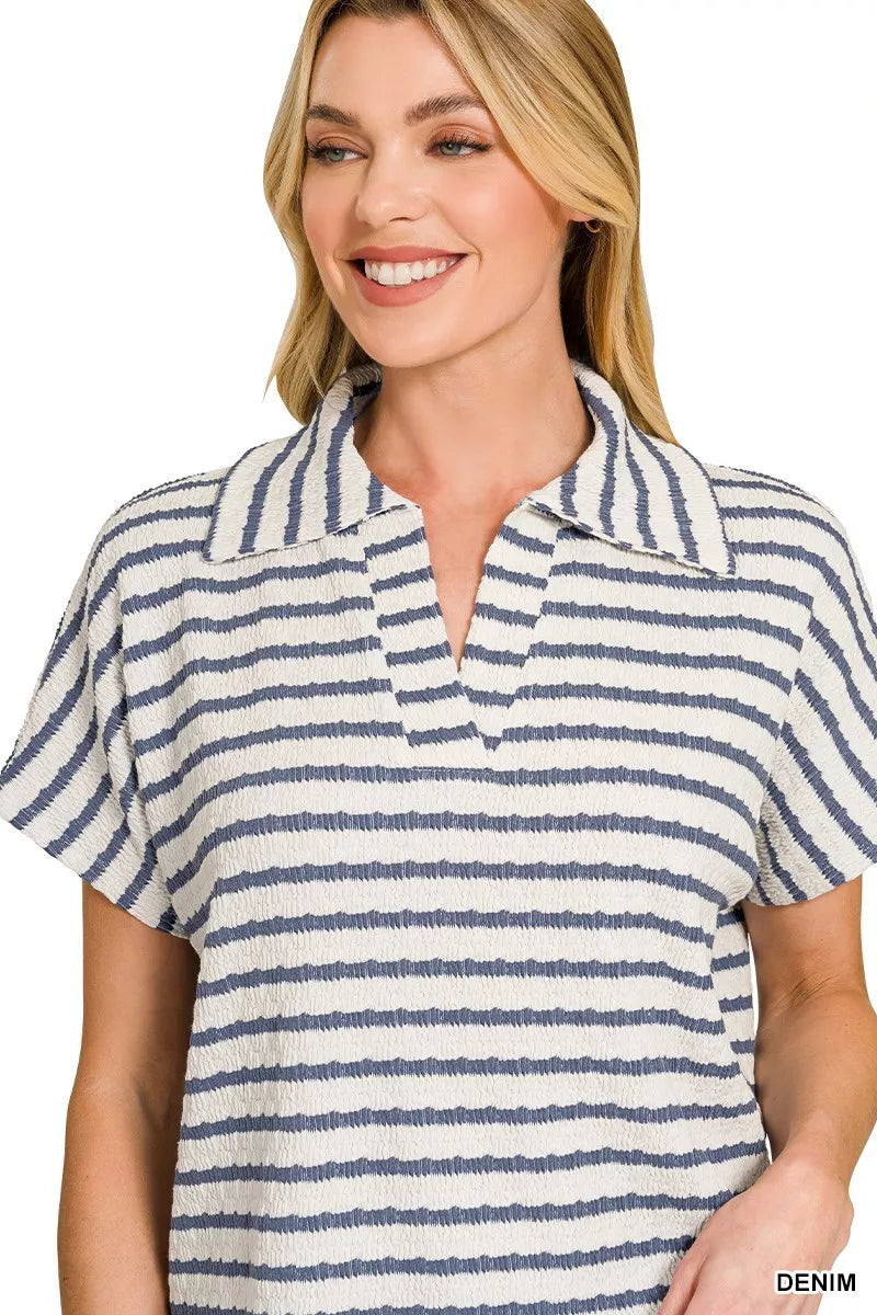 Striped Split Neck Collared Top
