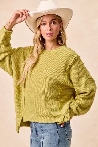 Boucle Rib Knit Uneven Hem Sweater With Open Seam