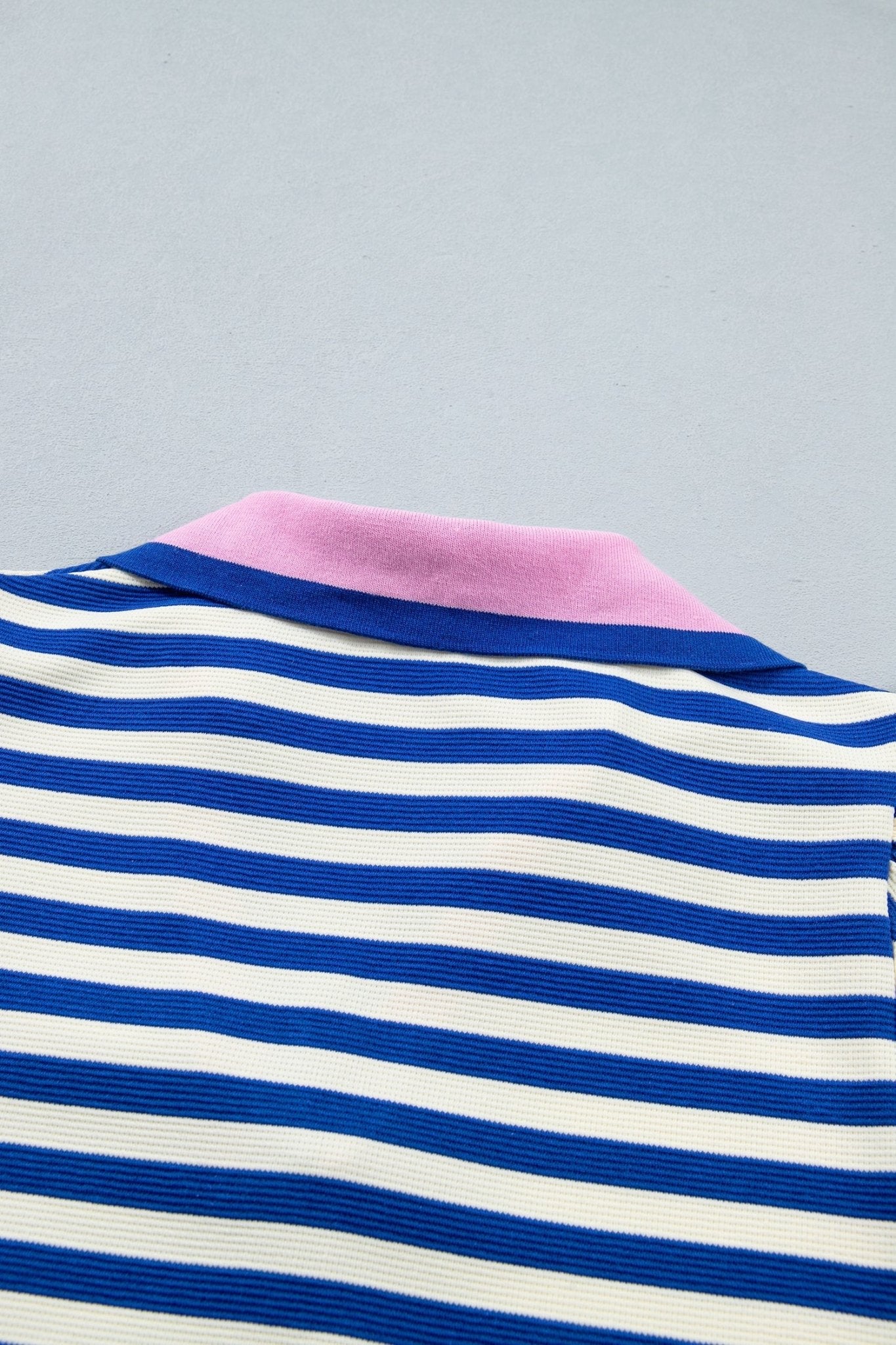 Blue Stripe Contrast Trim Polo Collar Ruffled Short Sleeve Blouse - Loving It Shop