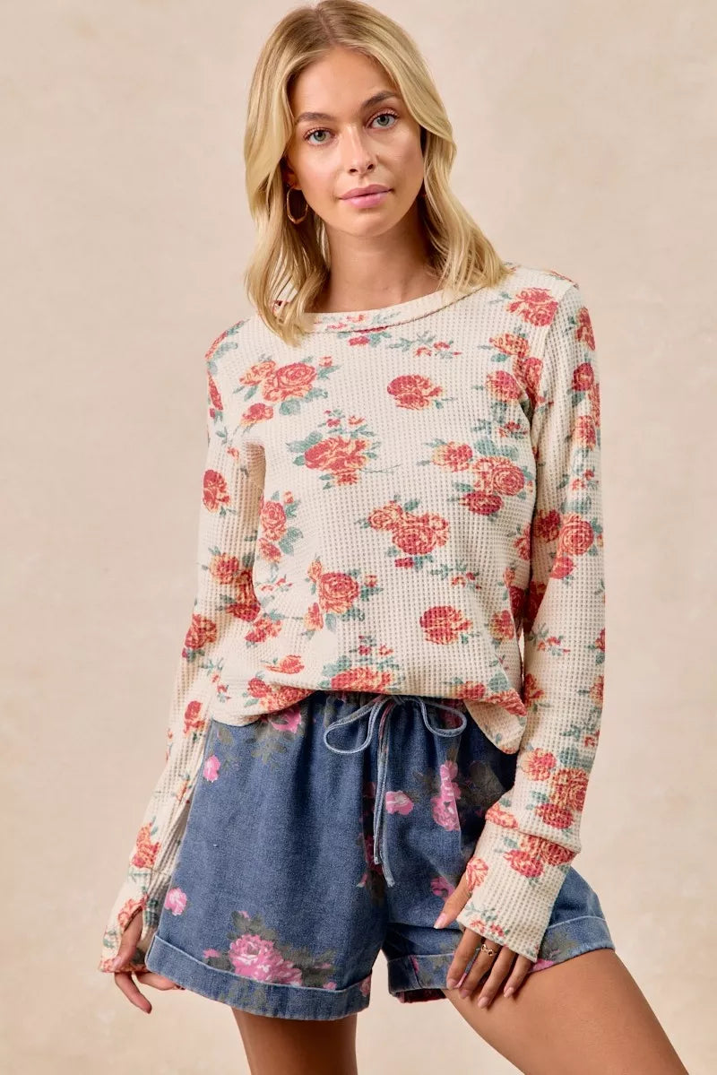 Floral Print Washed Waffle Thermal Top With Thumb