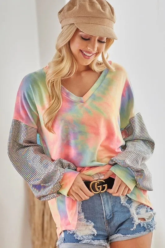 V Neck Tie Dye French Terry Top with Shiny
