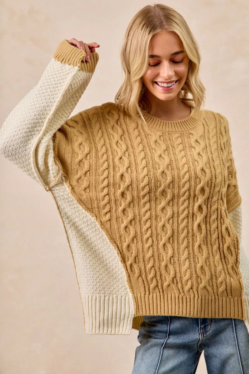 Cable Knit With Hacci Combo Sweater With Uneven Hem Detail