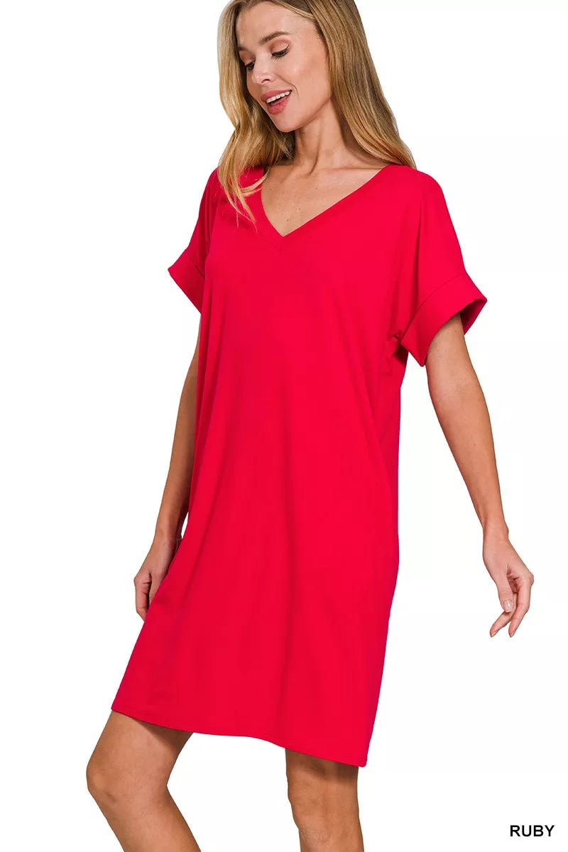 Brushed Dty Rolled Short Sleeve V-Neck Dress