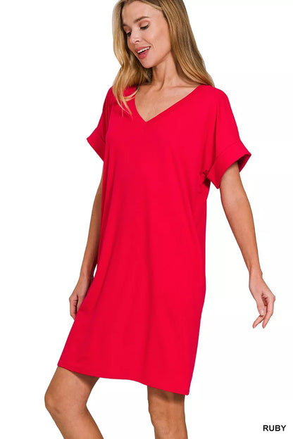 Brushed Dty Rolled Short Sleeve V-Neck Dress