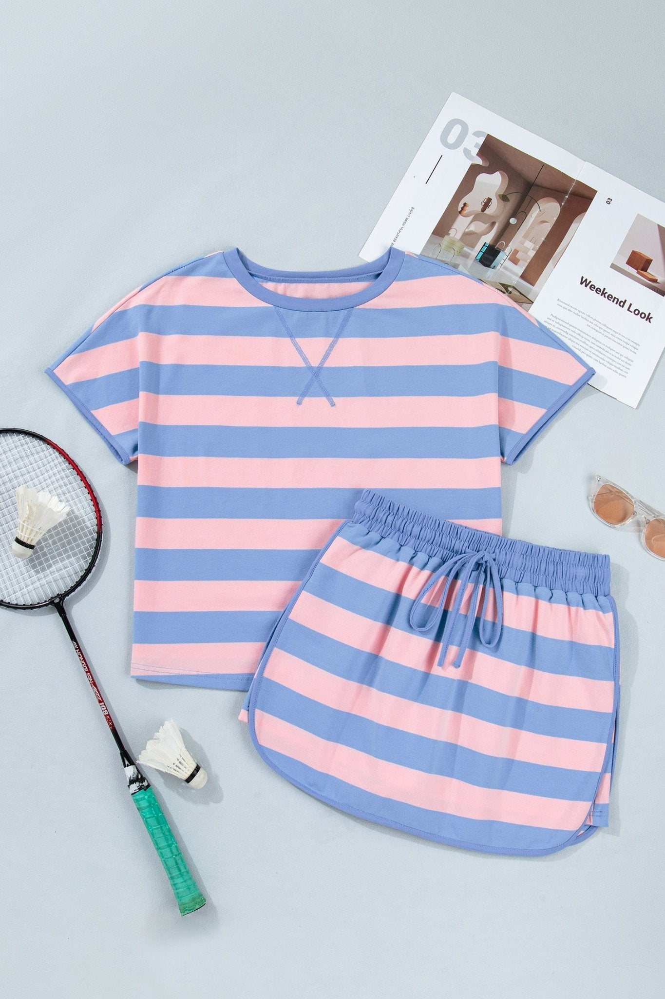 Pink Stripe Dolman Tee Drawstring Skort Athletic 2pcs Set - Loving It Shop
