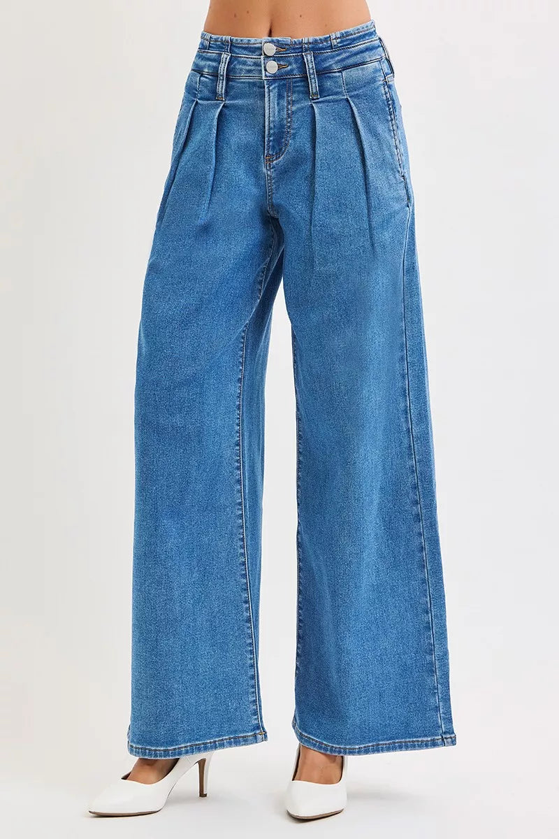 Full Size Mid Rise Fit Wide Leg with Pleated Detail Jeans Plus Size