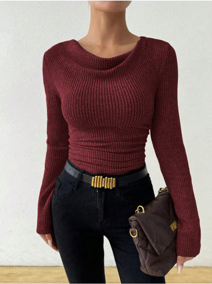 Autumn Bell Sleeve Draped Neck Slimming Knit Top