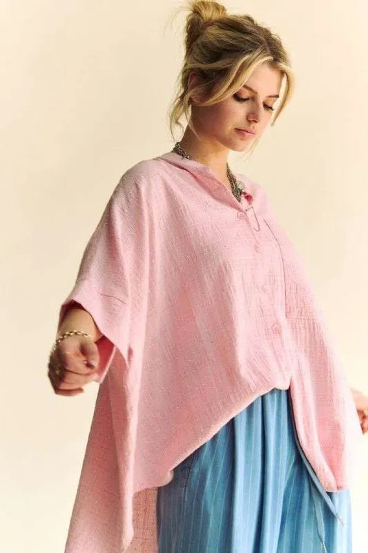 Davi &amp; Dani Rhinestone Pleat Back Short Sleeve Loose Fit Shirt