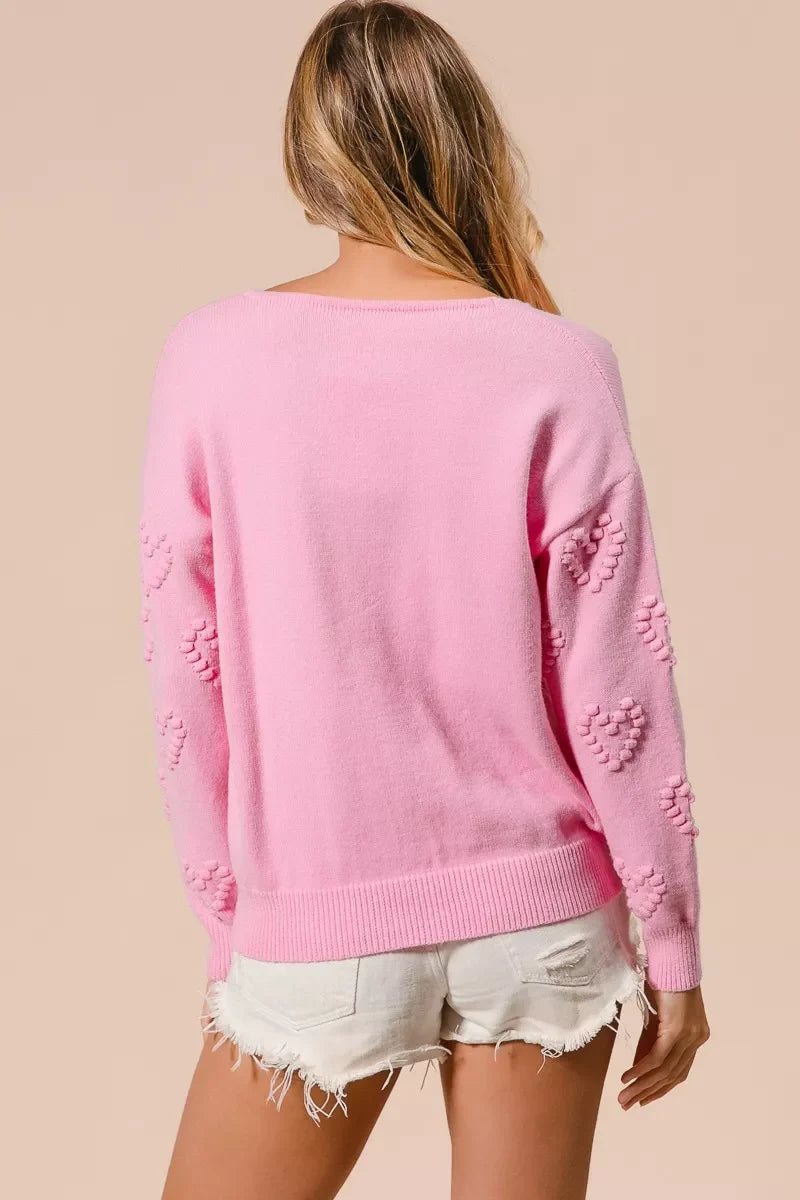 Valentines Heart Pompom V Neck Knit Top