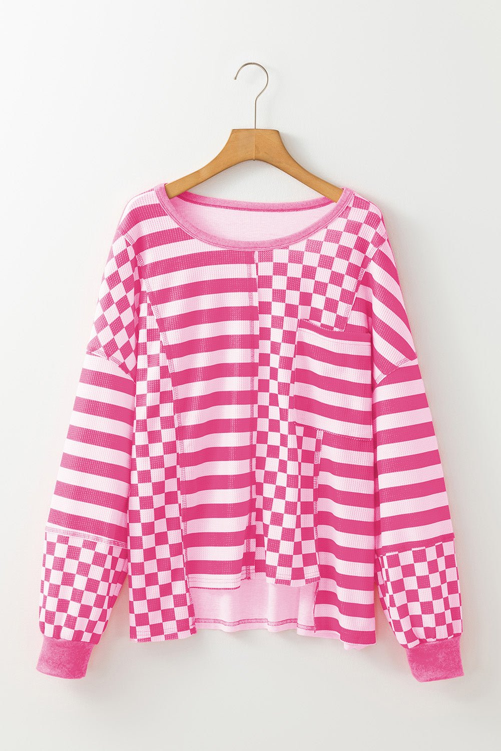 Rose Red Checkerboard Striped Patchwork Lantern Sleeve Pocketed Blouse - Loving It Shop