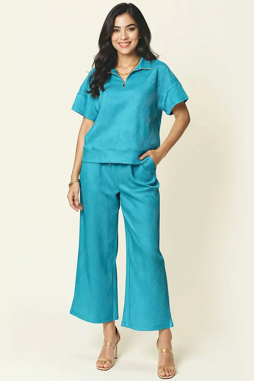I am a Fashion Junky Full Size Texture Half Zip Short Sleeve Top and Pants Set