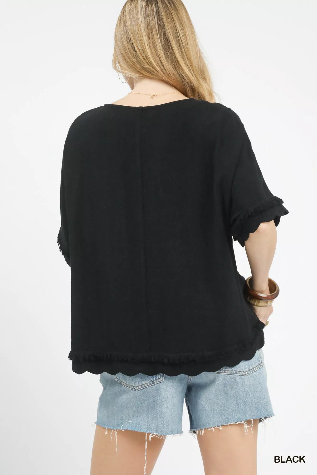 Linen Frayed Hem Scallop Edge Top