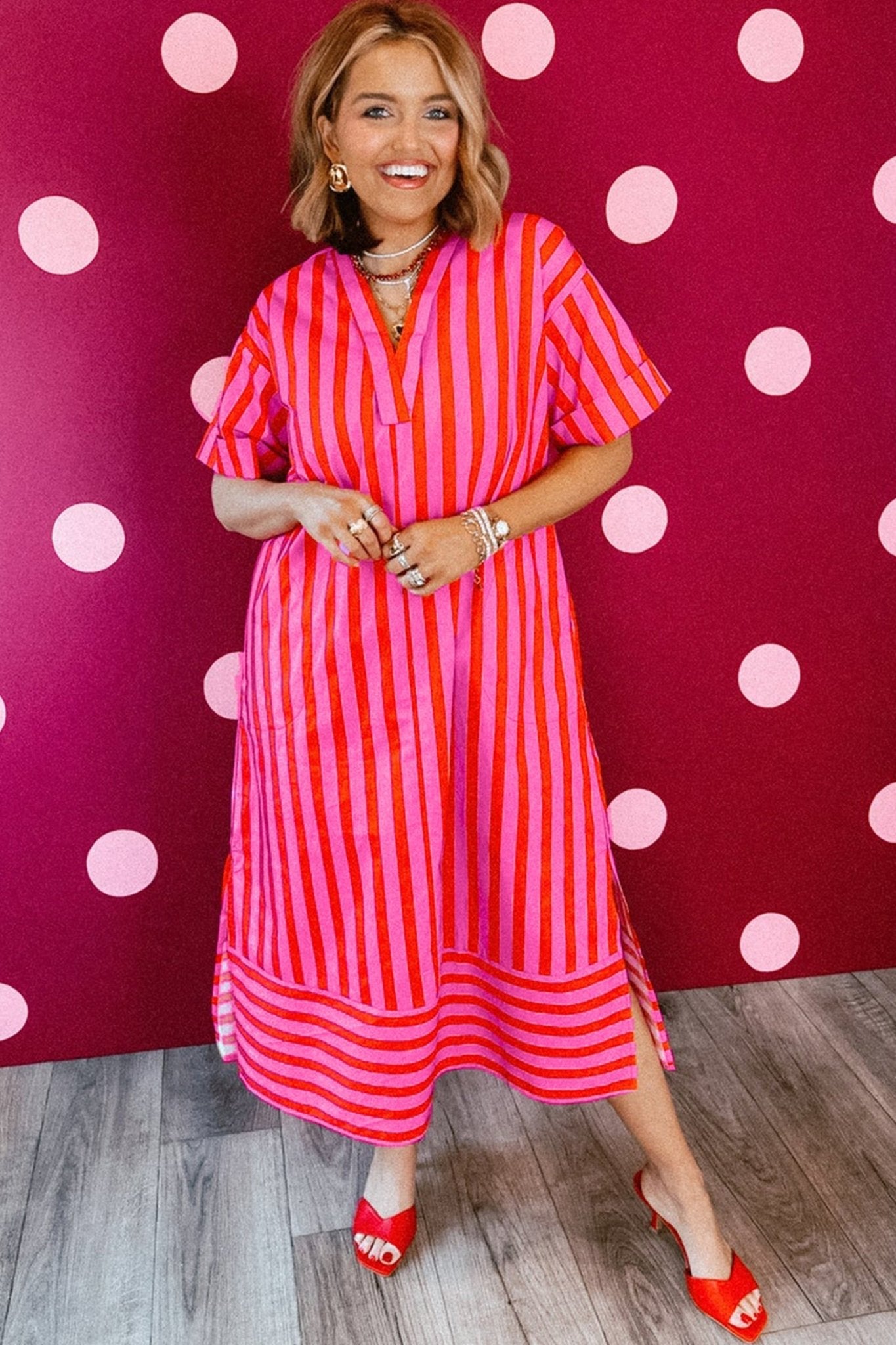 Red Stripe V Neck Cuffed Sleeve Relaxed Split Midi Dress - Loving It Shop