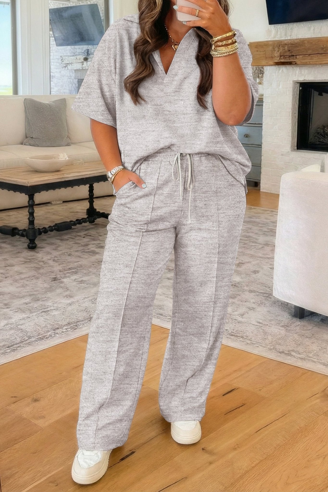 Light Grey Plus Size V Neck Polo Tee Drawstring Loose Pants 2pcs Set - Loving It Shop