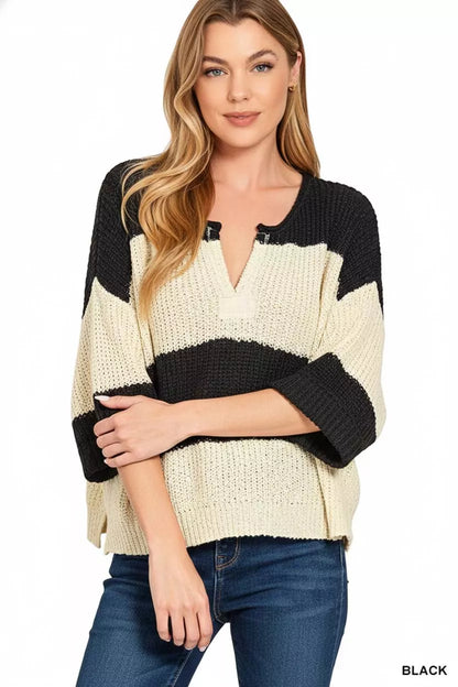 Split Neck Stripe Sweater