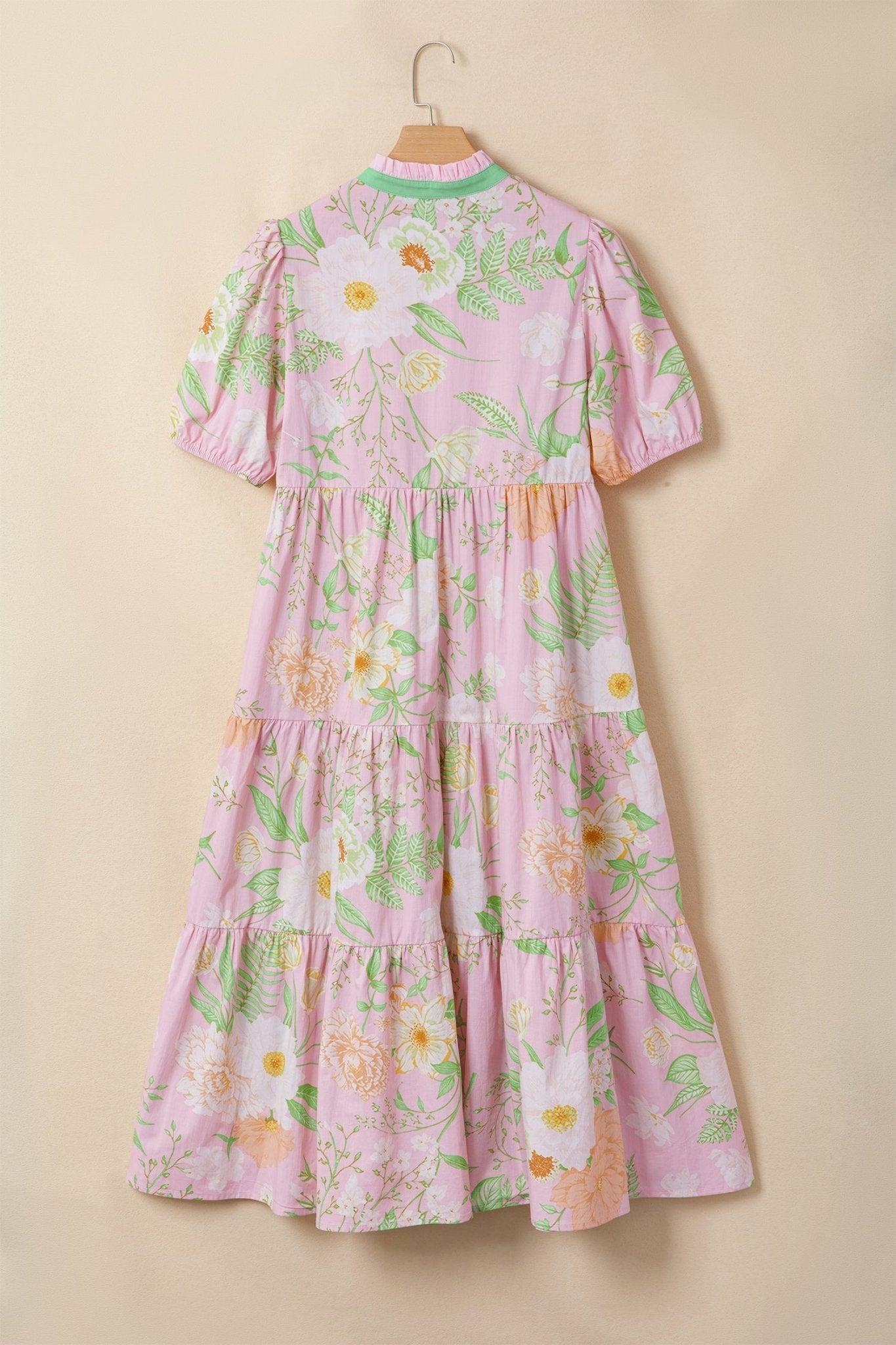 Pink Floral Print Short Puff Sleeve High Waist Tiered Maxi Dress - Loving It Shop