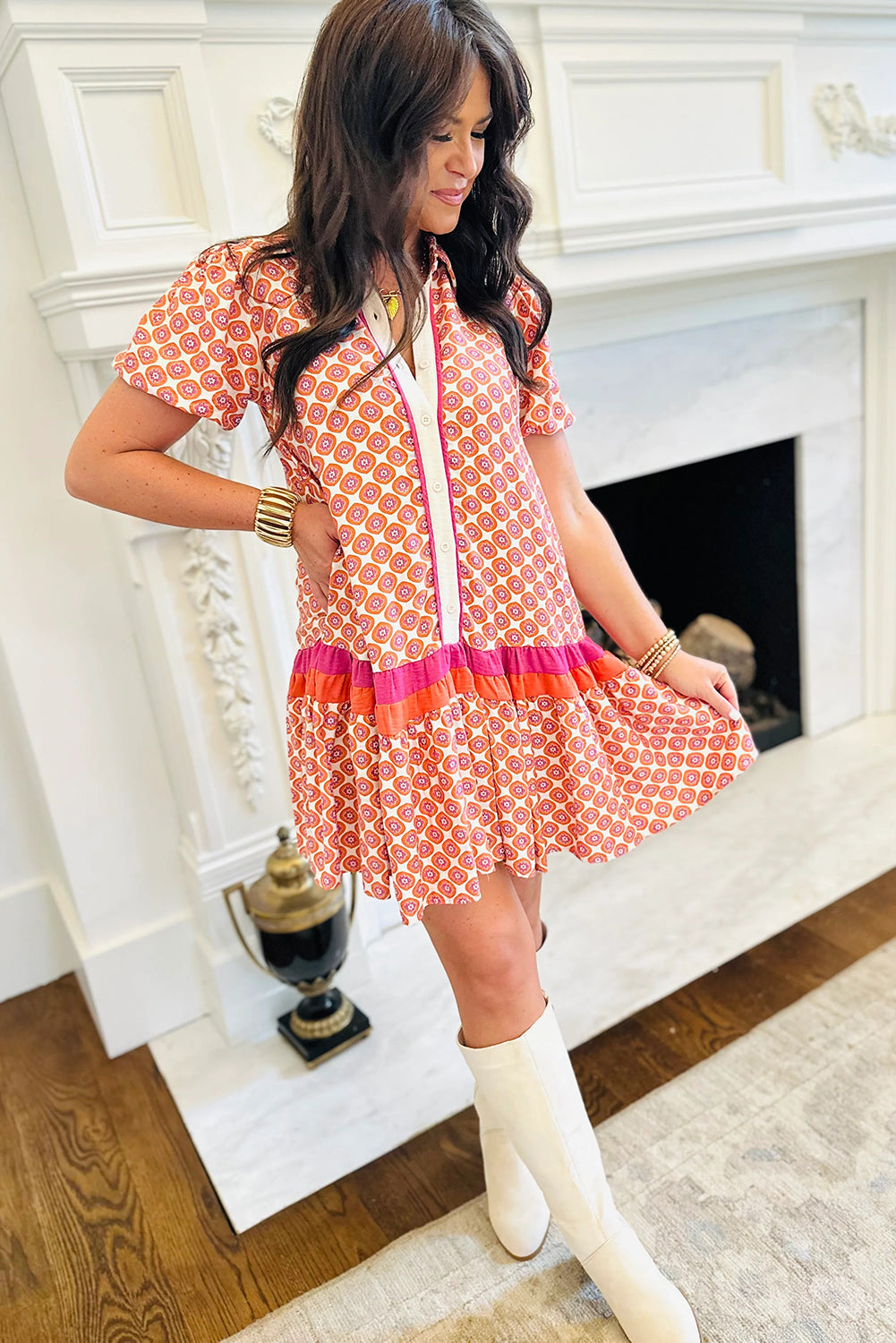 Orange Geometric Floral Print Color Block Trim Button Front Ruffle Hem Dress