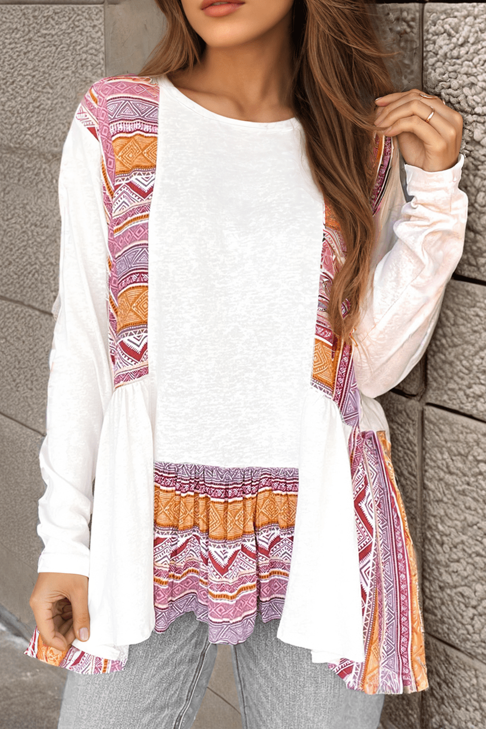 White Western Aztec Print Patchwork Ruffled Tunic Long Sleeve Babydoll Top - Loving It Shop