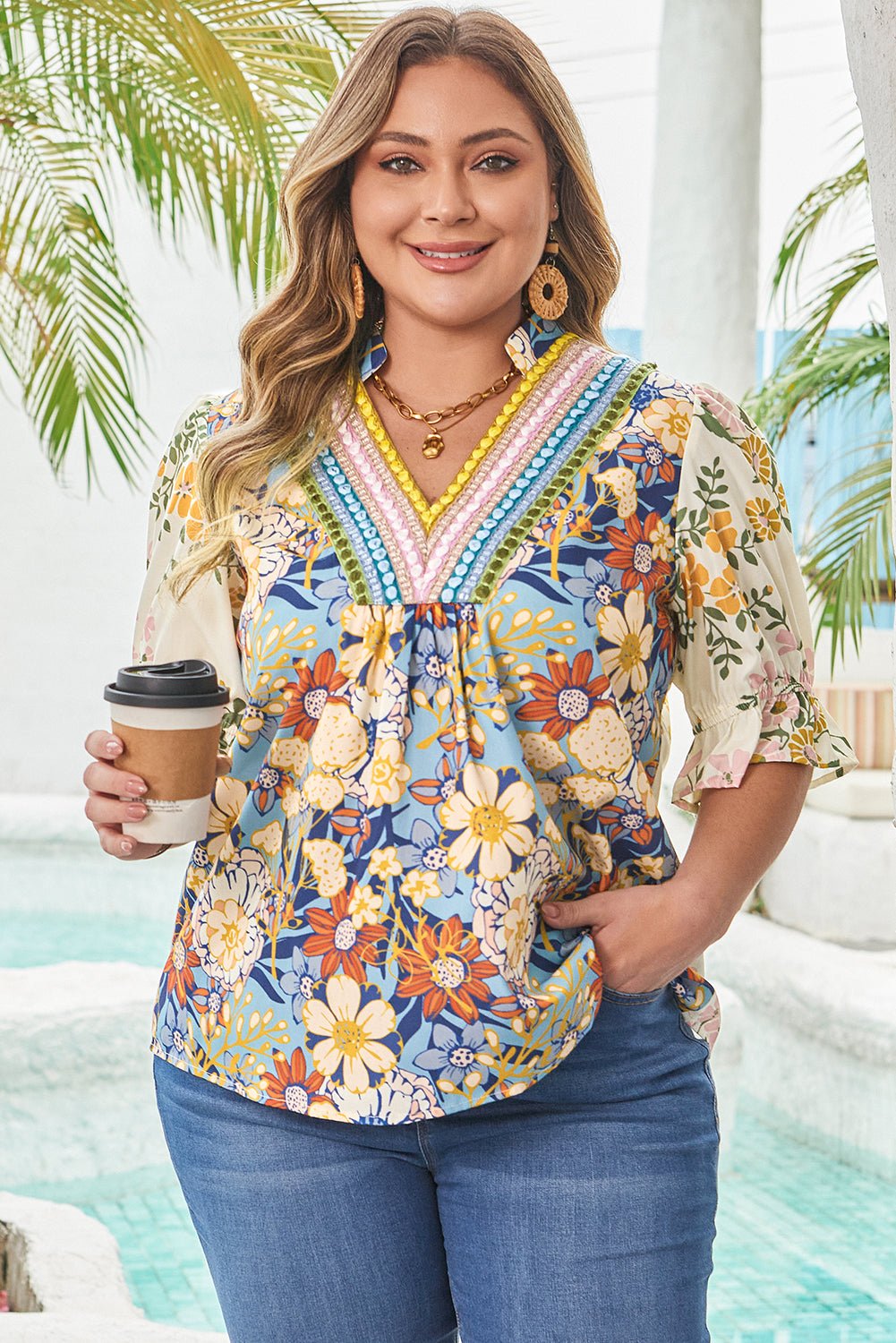 Multicolour Plus Size Floral Print Woven V Neck Half Sleeve Blouse - Loving It Shop