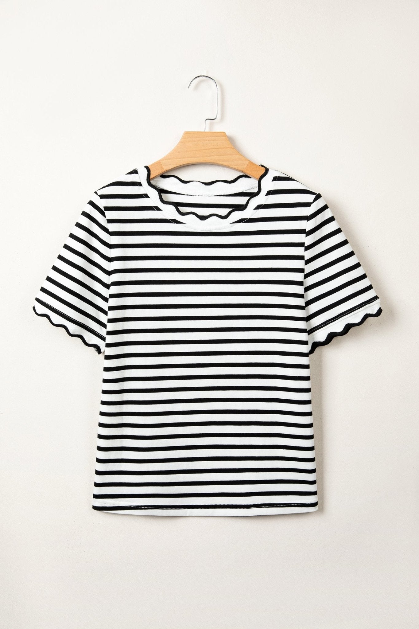 Black Stripe Scalloped Trim Round Neck T Shirt - Loving It Shop