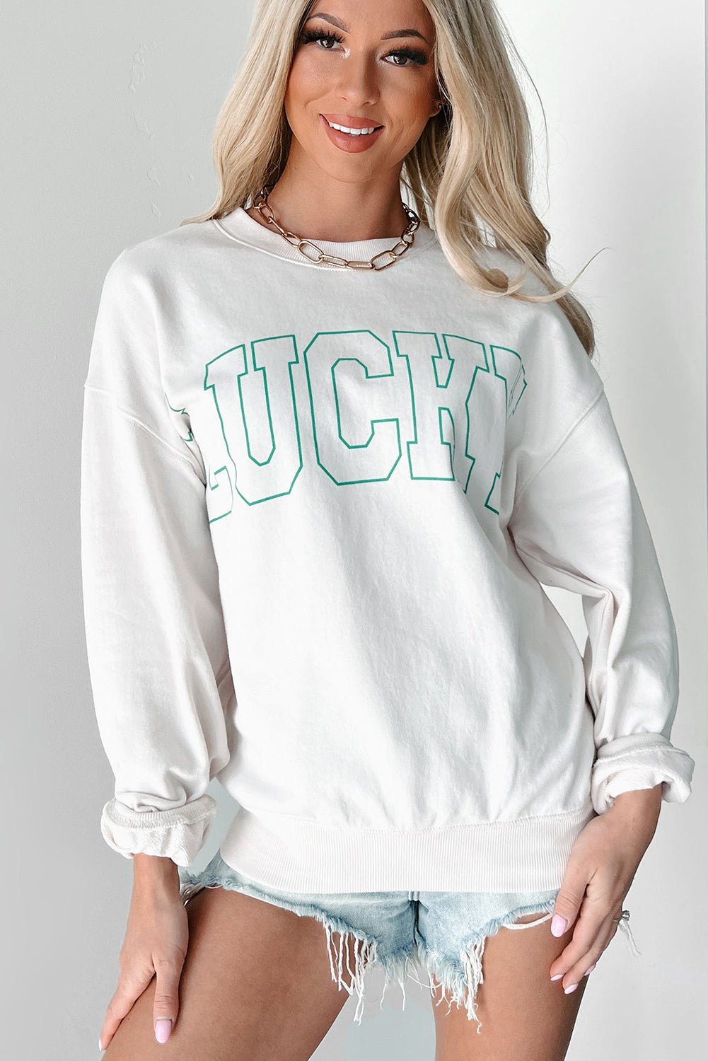 White St Patricks LUCKY Graphic Crew Neck Pullover Sweatshirt - Loving It Shop