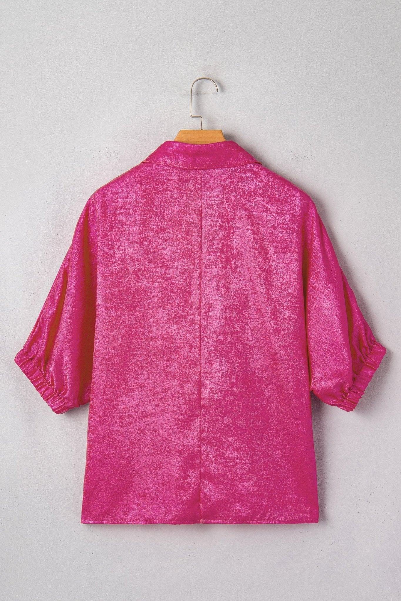 Strawberry Pink Collared V Neck Half Sleeve Metallic Top - Loving It Shop