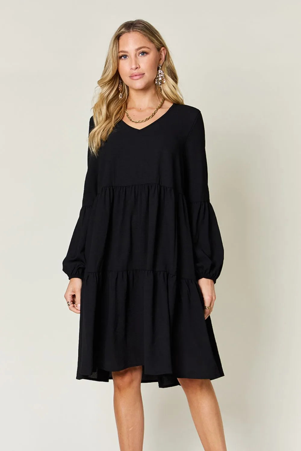 Full Size V-Neck Balloon Sleeve Tiered Dress with Pockets
