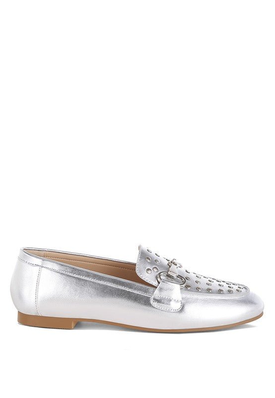 Estafa Horsebit & Studs Metallic Pleather Loafers - Loving It Shop