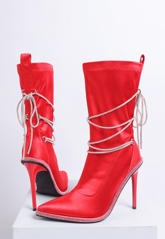 Dacia Rhinestones Strap Satin Calf Boots