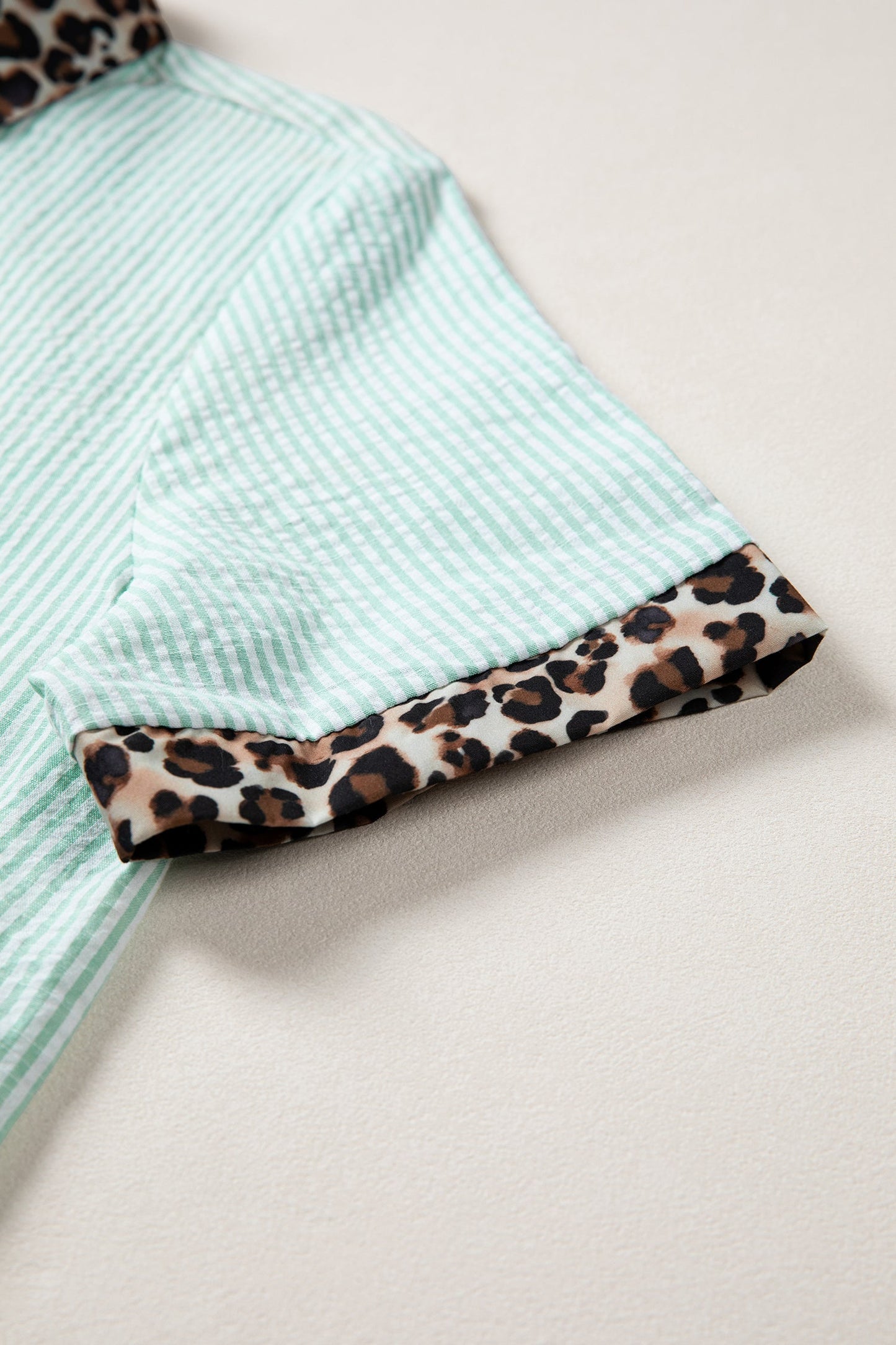 Green Stripe Leopard Contrast Collar Short Sleeve Shirt