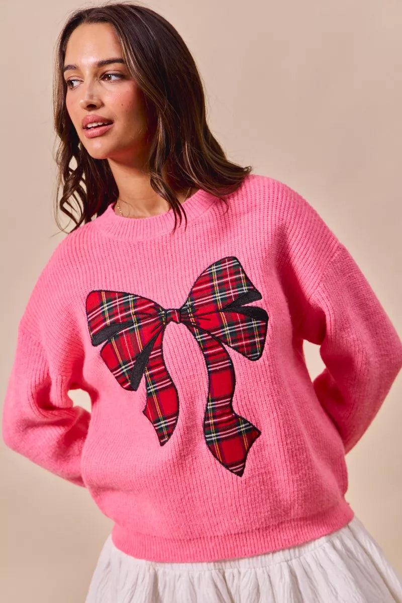 Checker Plaid Ribbon Christmas Holiday Sweater