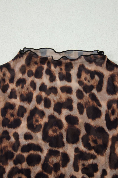Camel Leopard Printed Mesh Short Sleeve Top - Loving It Shop