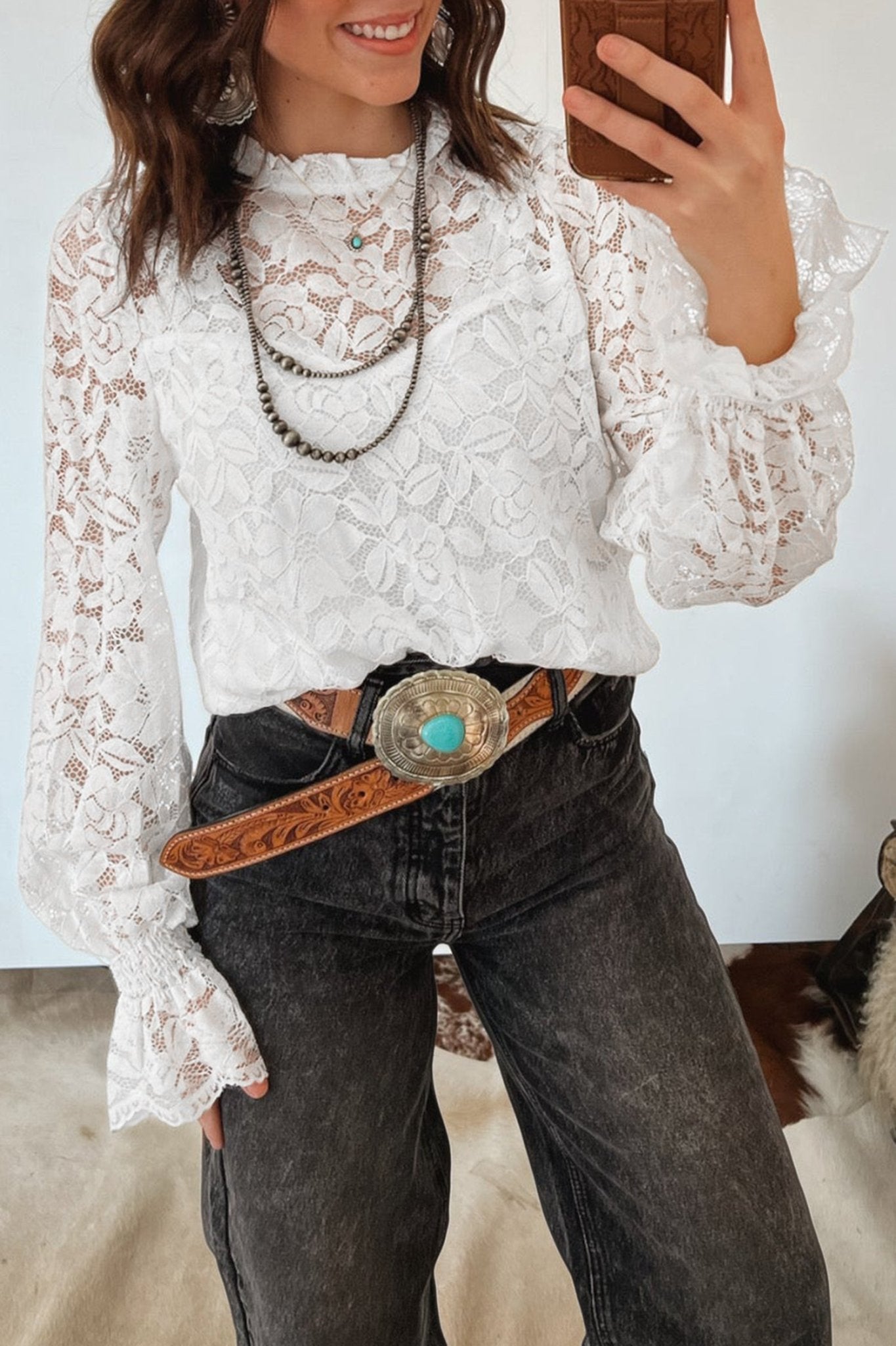 White Ruffled Round Neck Long Flounce Sleeve Sheer Lace Blouse - Loving It Shop