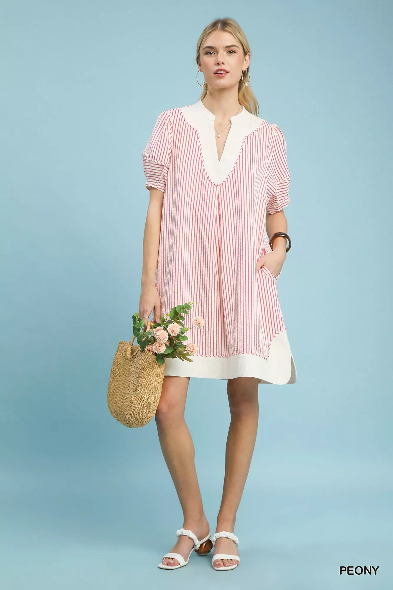 Pinstripe Shift Dress with Contrast Trim
