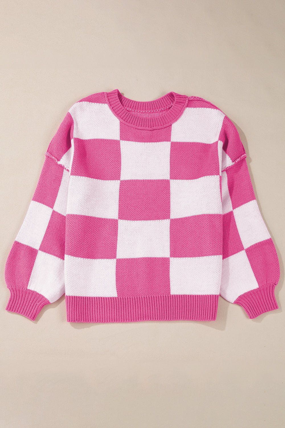 Rose Checkered Bishop Sleeve Sweater - Loving It Shop