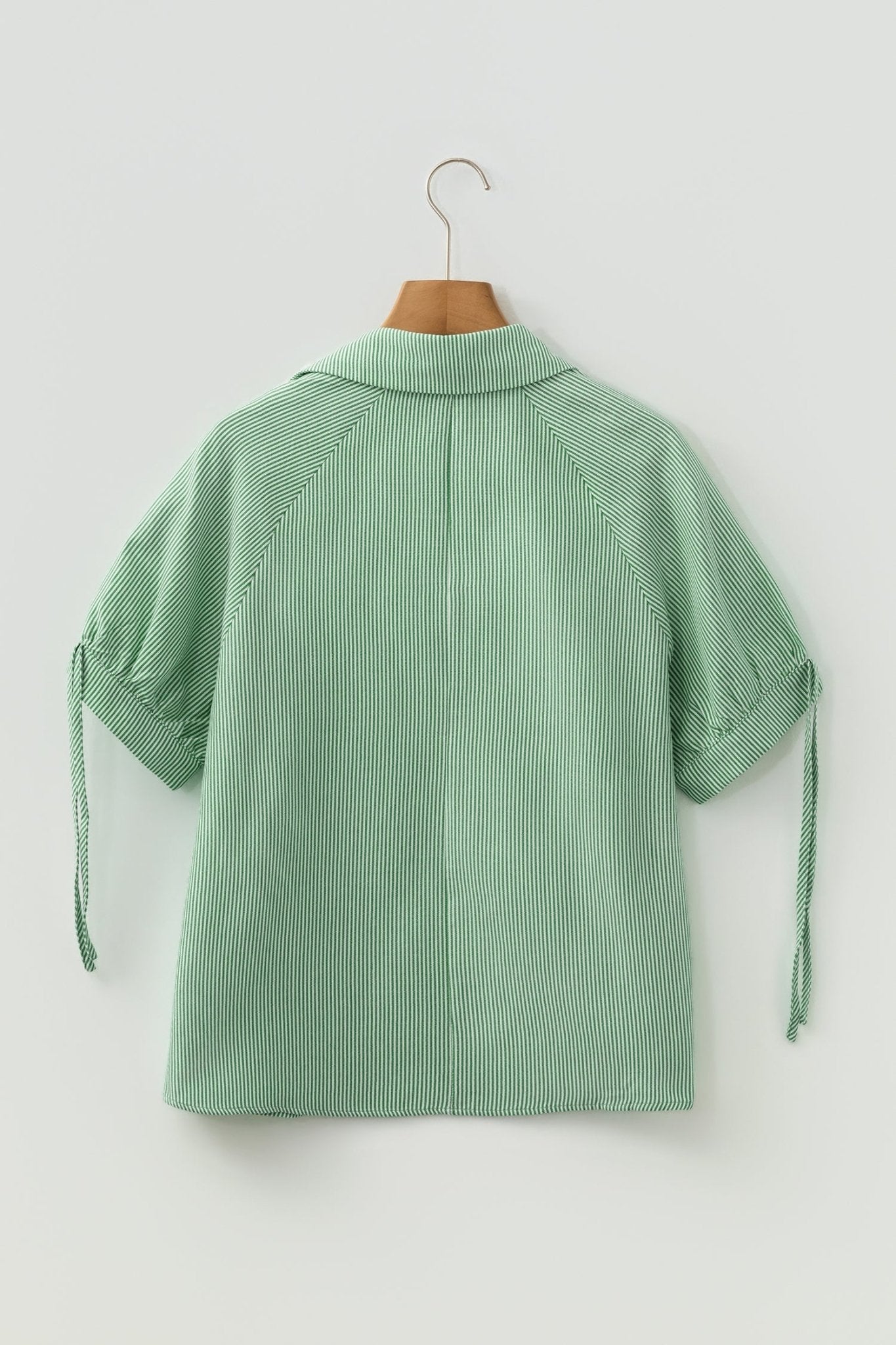 Mint Green Striped Print Collared Split Neck Half Sleeve Blouse - Loving It Shop