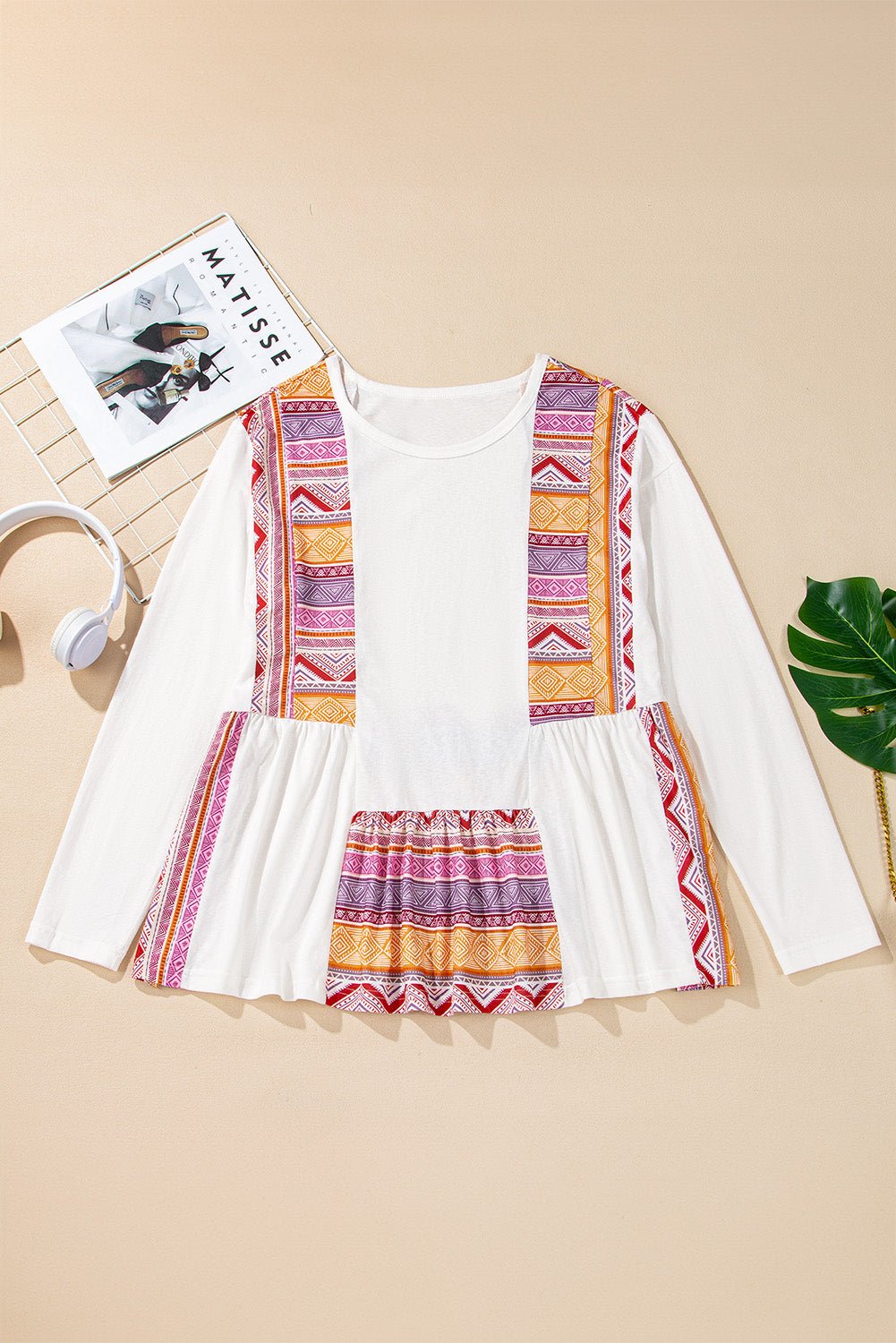 White Western Aztec Print Patchwork Ruffled Tunic Long Sleeve Babydoll Top - Loving It Shop