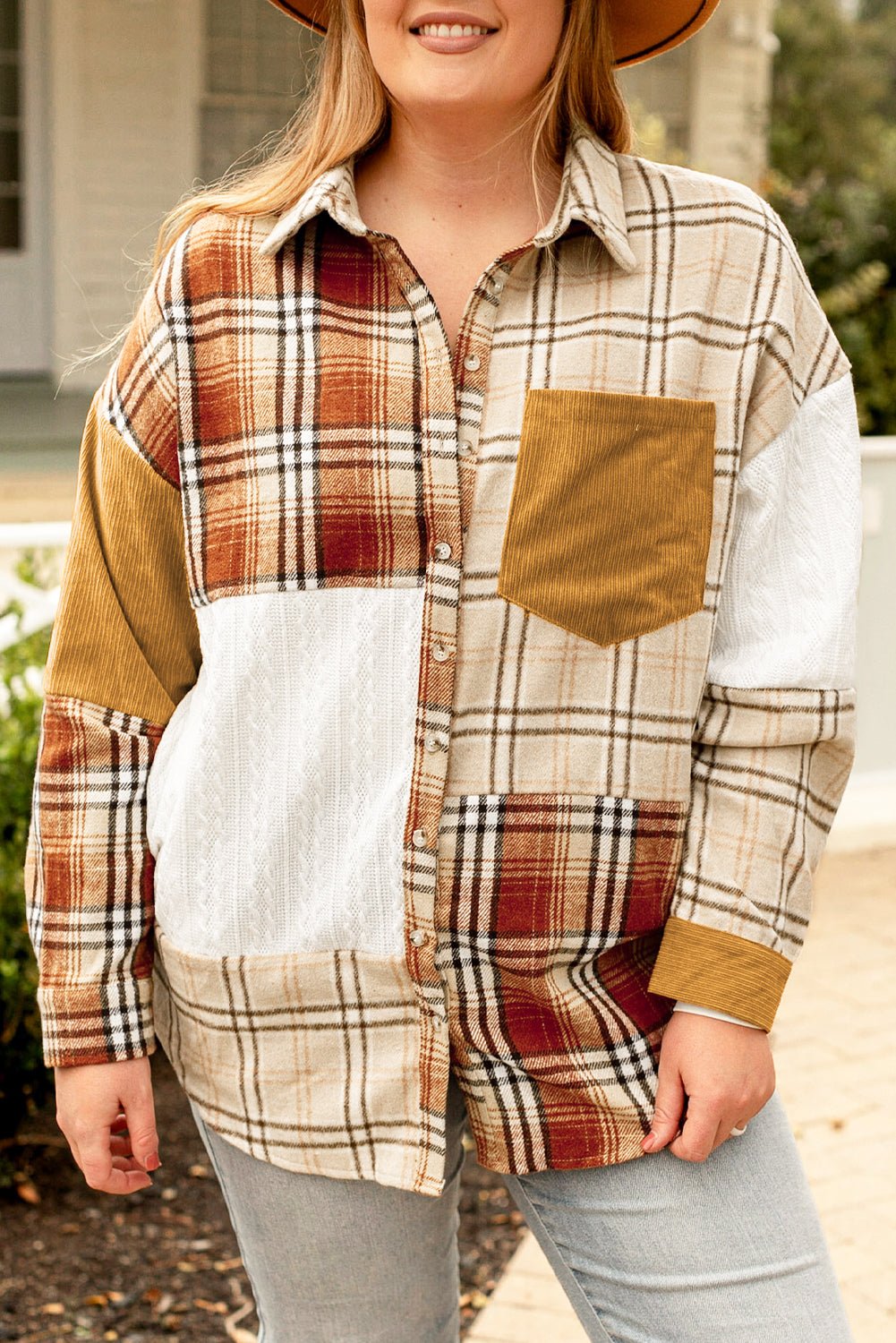 Golden Apricot Plus Size Plaid Patchwork Button up Shacket - Loving It Shop
