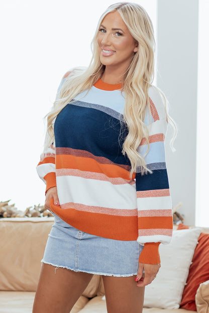 Dark Blue Color Block Round Neck Tunic Sweater