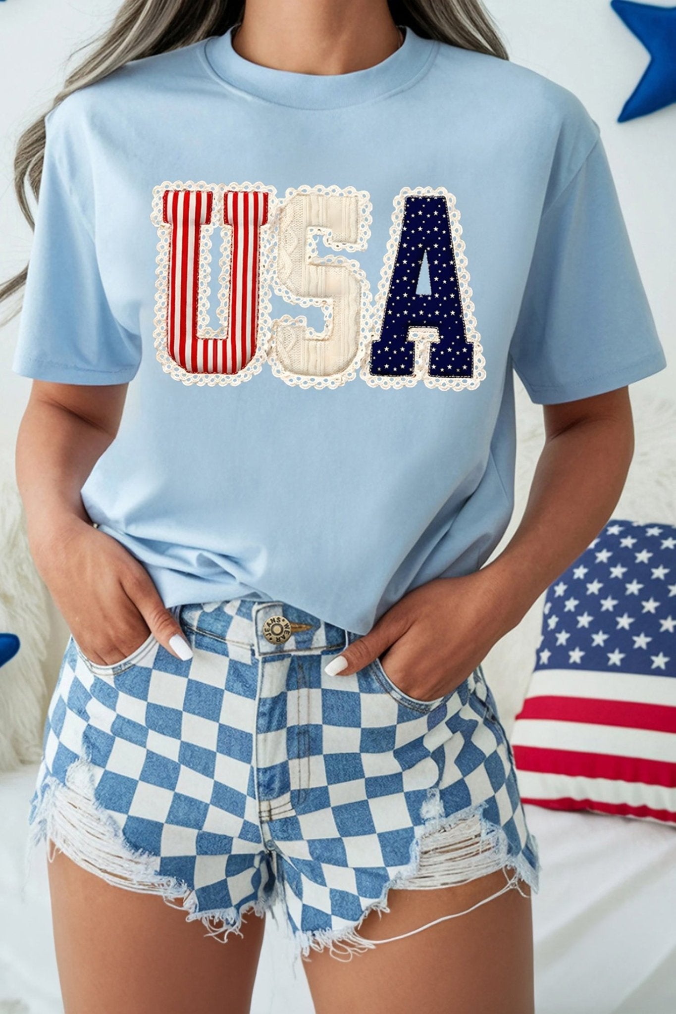 Light Blue USA Patriotic Printed T Shirt - Loving It Shop
