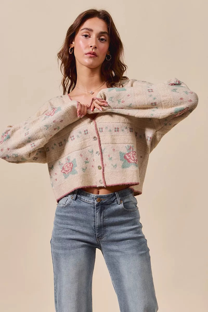 Floral Pattern Long Sleeve Button Sweater Cardigan