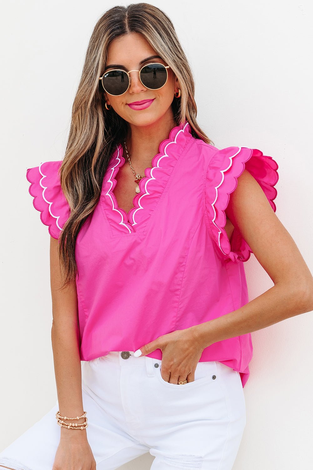 Bright Pink Contrast Scallop Trim Layered Short Sleeve V Neck Blouse - Loving It Shop