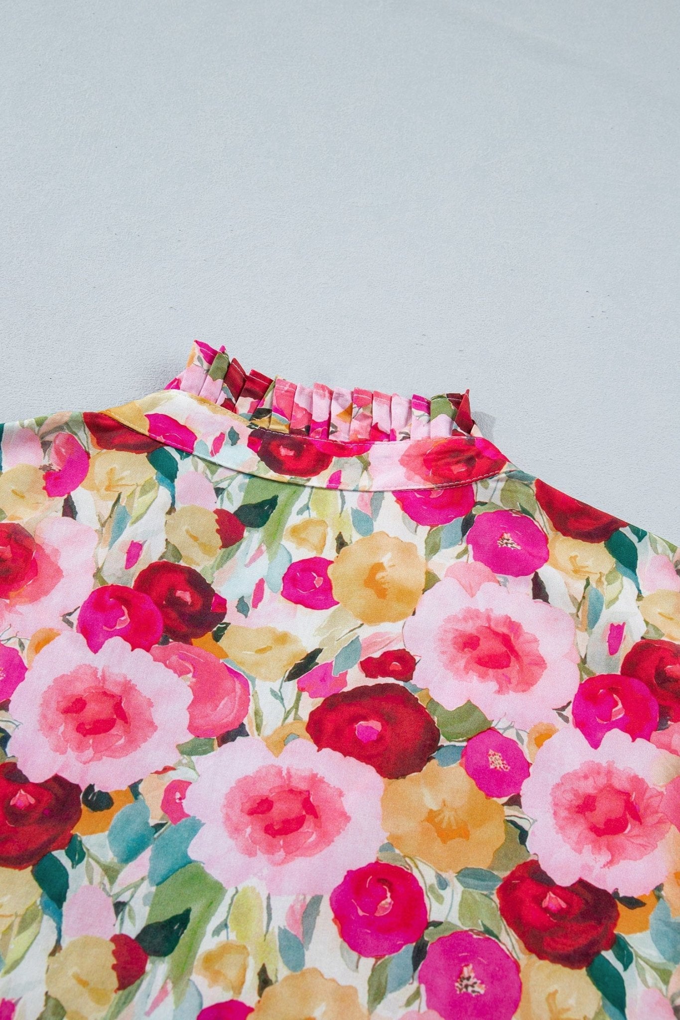 Pink Plus Size Flower Print Split V Neck Puff Short Sleeve Top - Loving It Shop