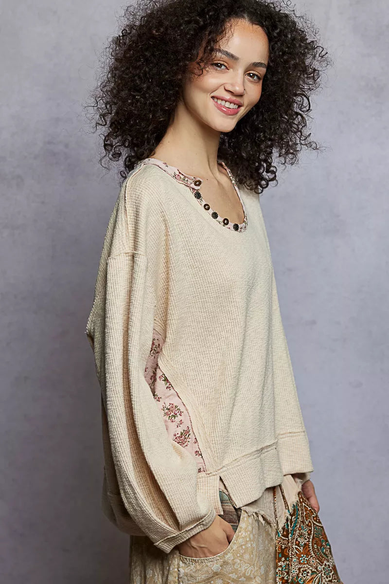 Balloon Sleeve Oversized Ribbed Top with Floral Pattern Contrast