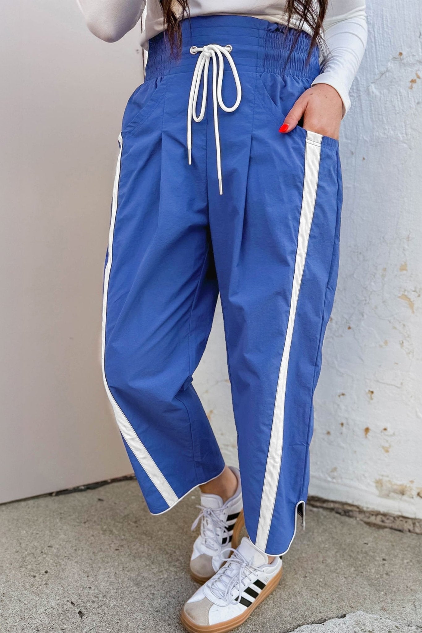 Dark Blue Contrast Striped Smocked Waist Drawstring Cropped Casual Pants - Loving It Shop