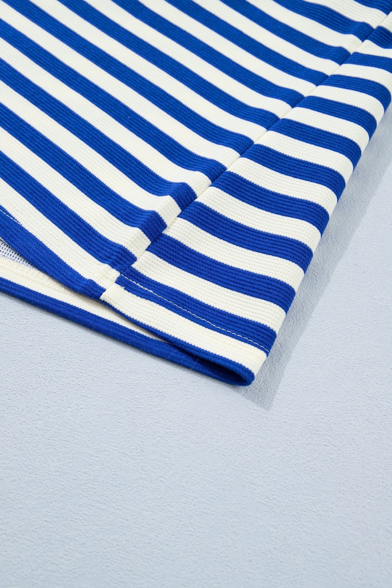 Blue Stripe Contrast Trim Polo Collar Ruffled Short Sleeve Blouse - Loving It Shop