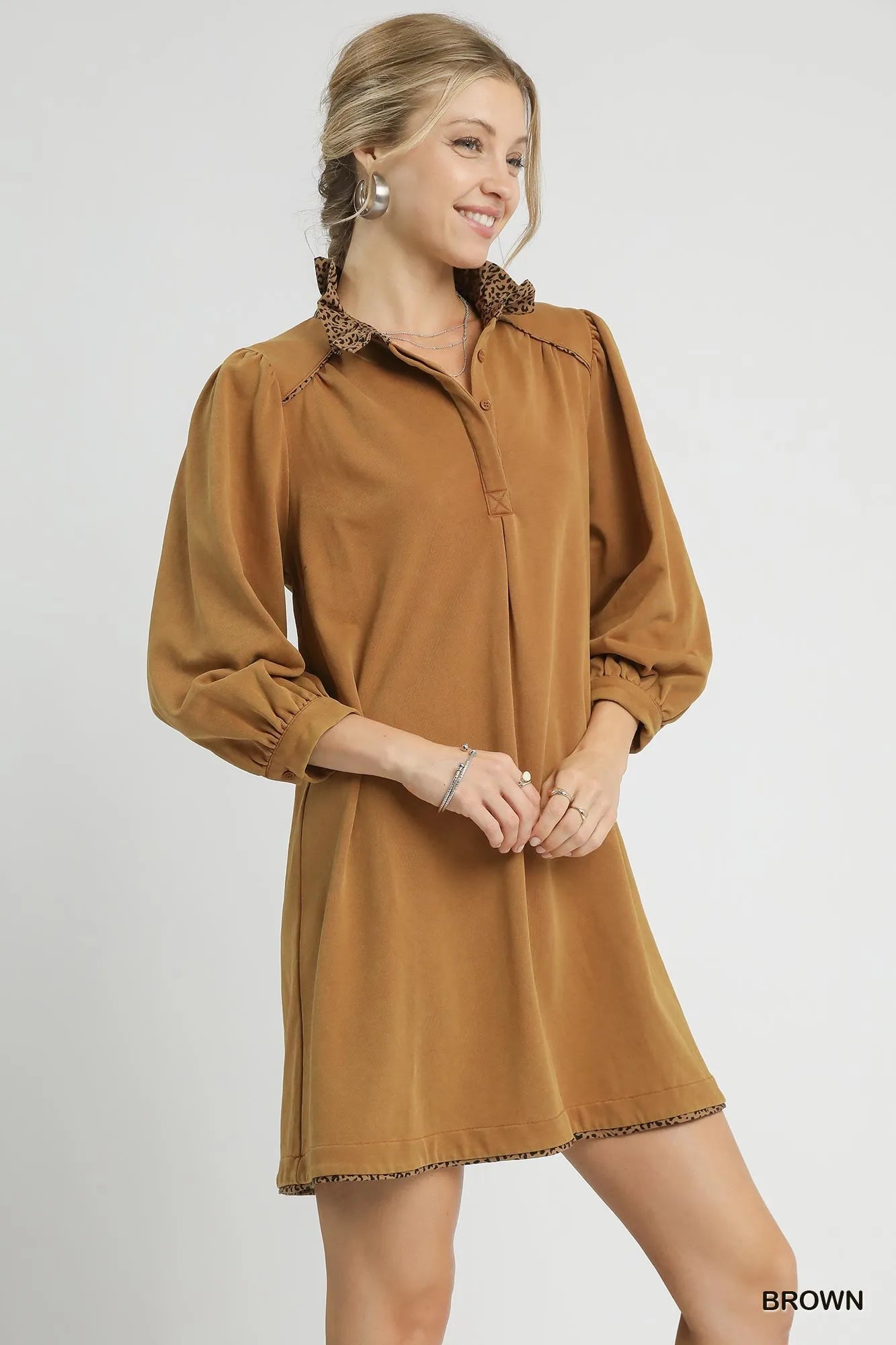 French Terry Balloon Sleeve Shift Dress with Leopard Print Detail