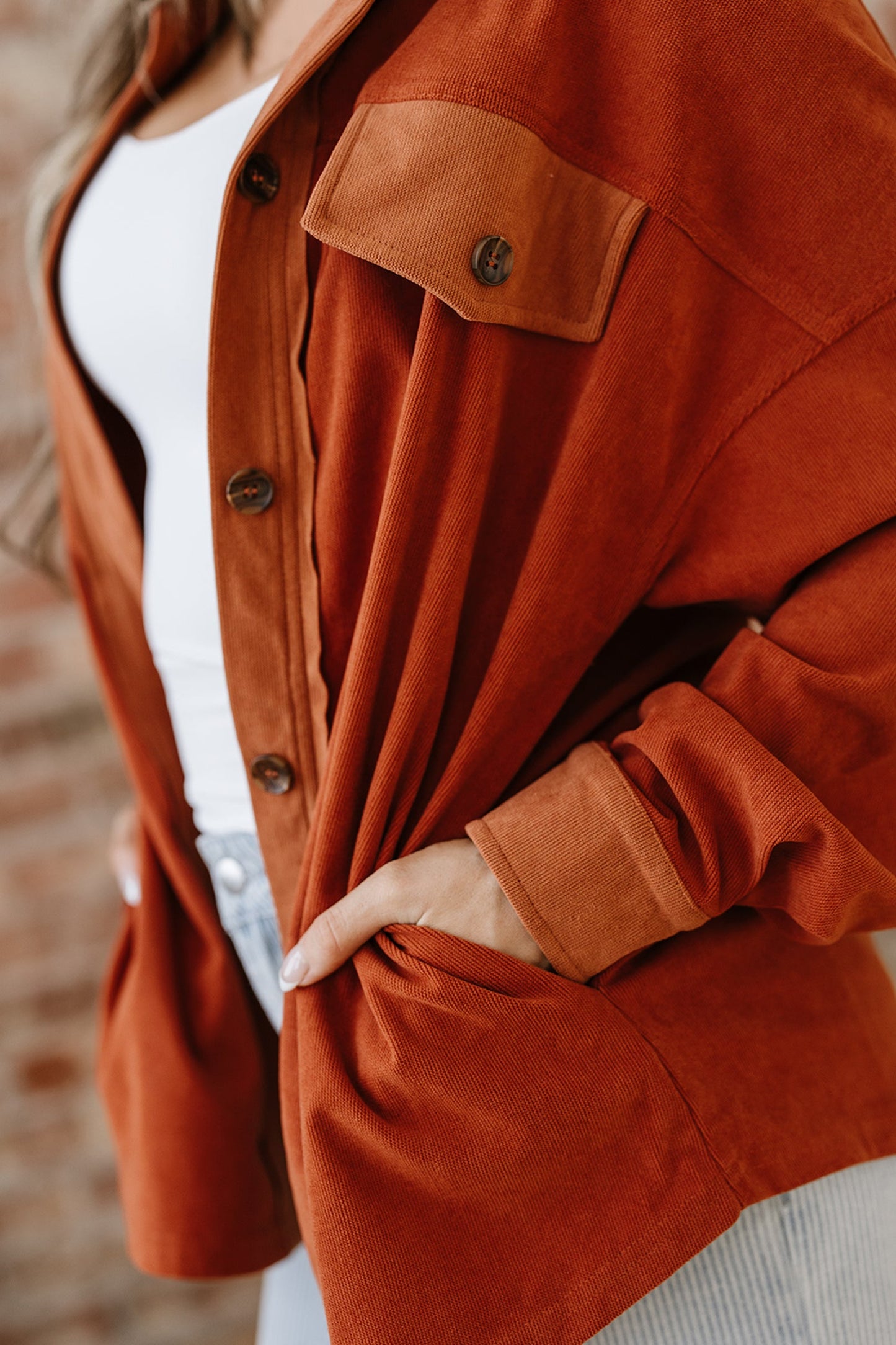 Gold Flame Velvet Flap Pockets Drop Shoulder Casual Shacket